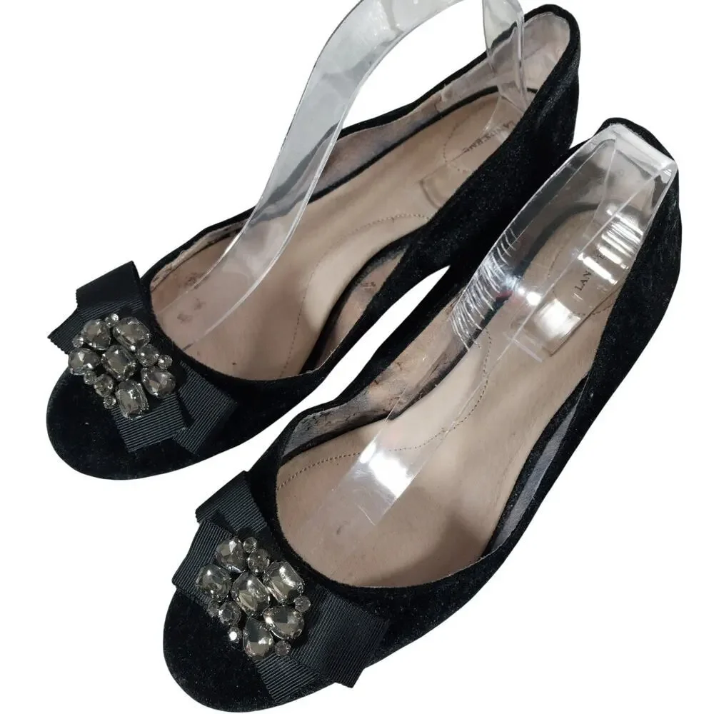 LANDS' END! BLACK VELVET & GROSGRAIN RIBBON BOW, RHINESTONE FLATS! SZ 9.5B